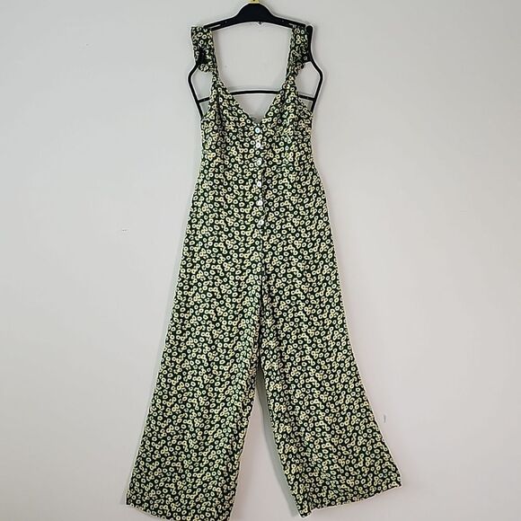 Zara Green Ditsy Floral Button Front Smocked Back Wide Leg Jumpsuit M (T20) - Picture 4 of 14